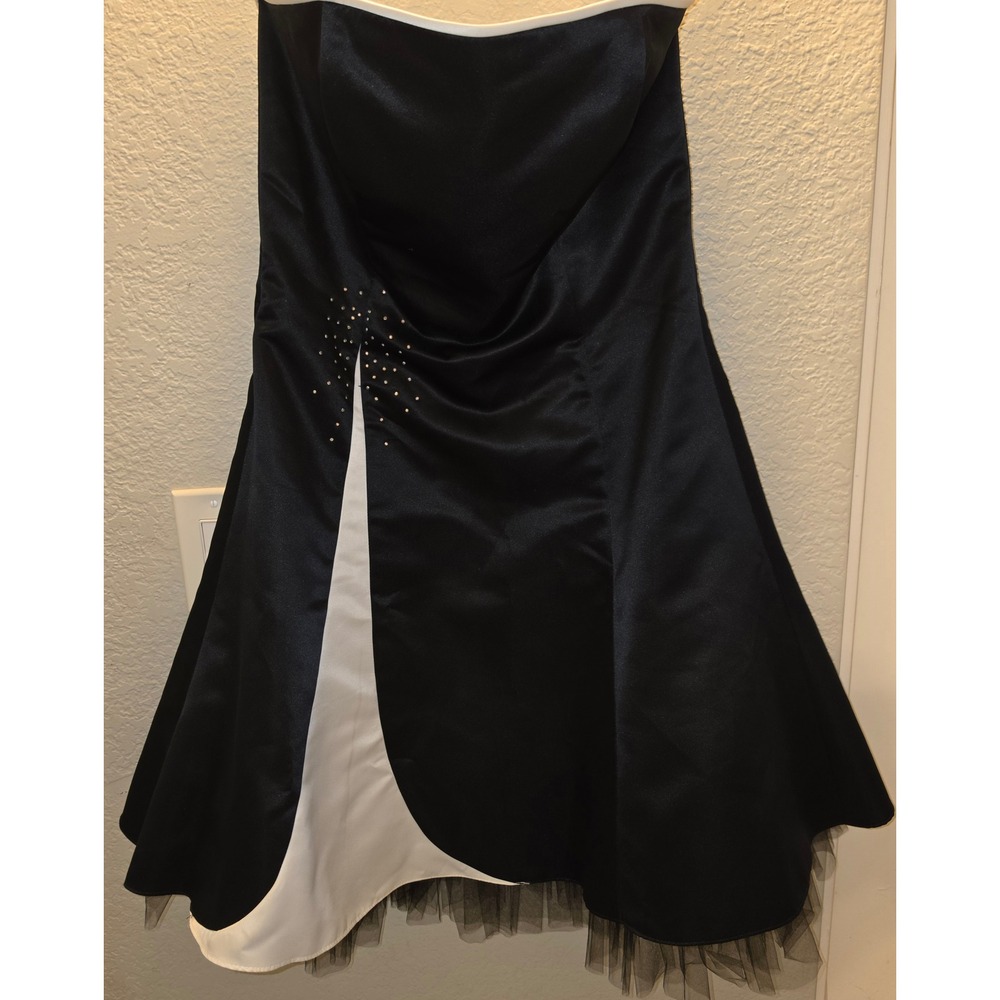 Jessica McClintock Gunne Sax Vintage Black White Satin Strapless Dress Sz 13/14